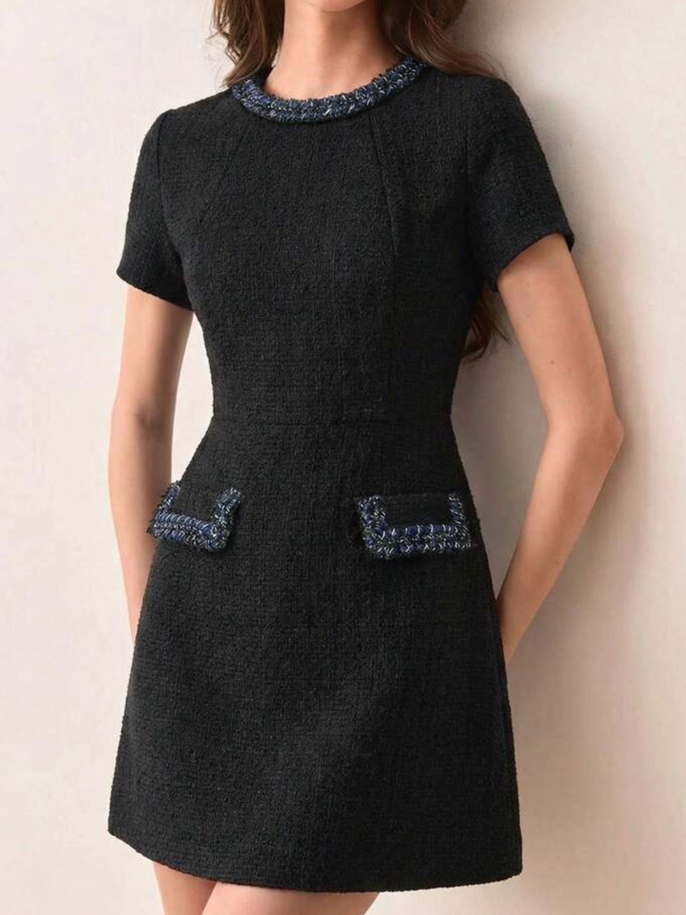 Black Short-Sleeve Tweed Shift Dress with Pockets